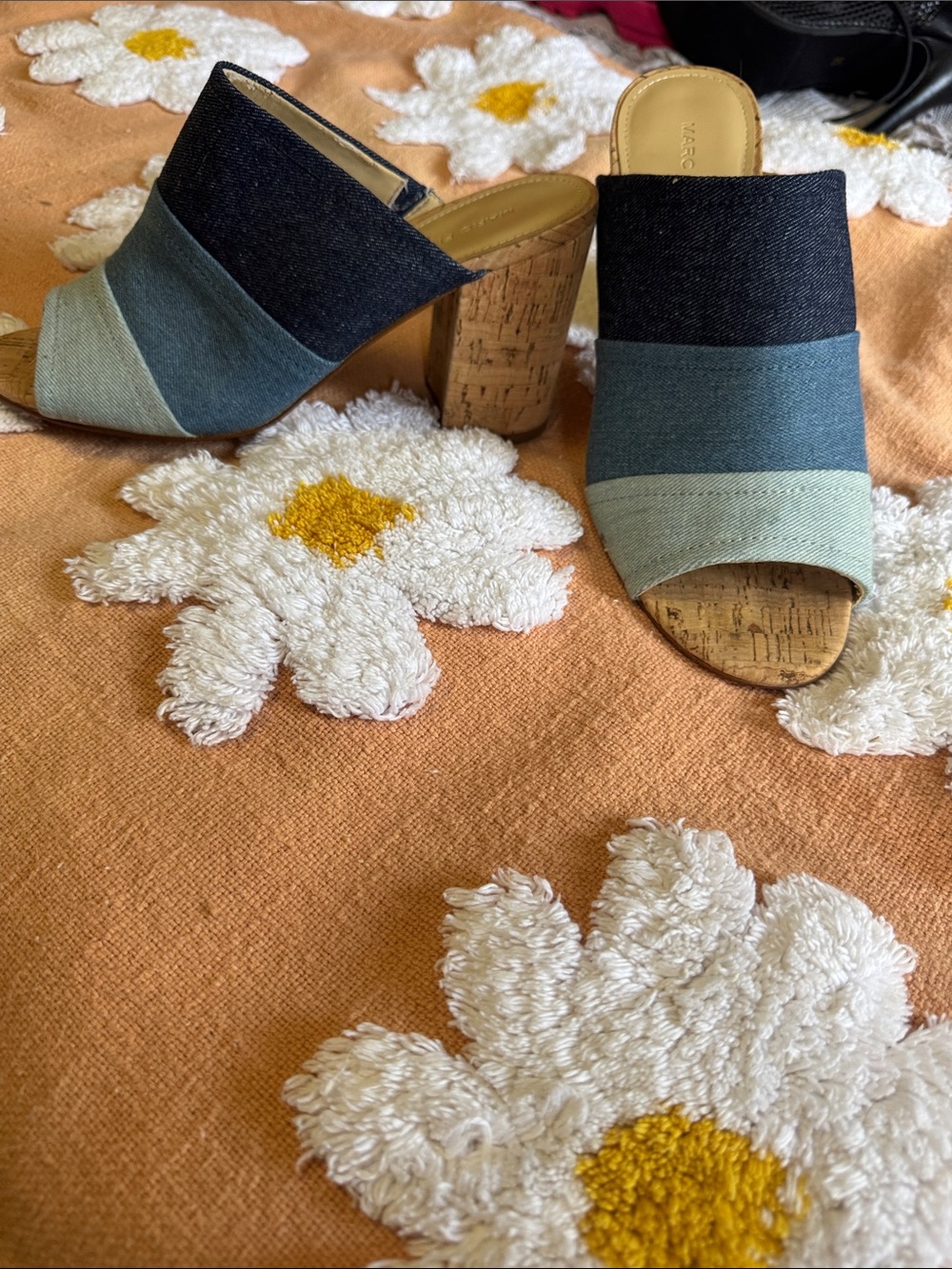 Denim Colorblock Cork Block-Heel Mules — Blue Gradient